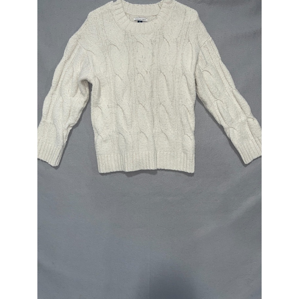 American Eagle Outfitters Sweater Womens S White Stretch Cable Knit Ribbed Hem‎